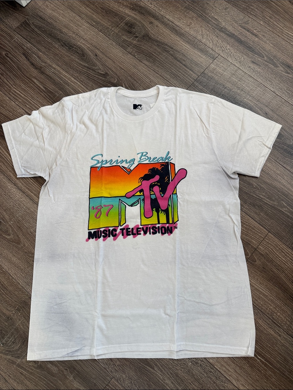 MTV White Short Sleeve Tee with Neon Sunset Graphic